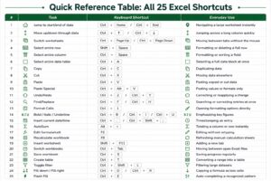 Quick Reference Table All 25 Excel Shortcuts